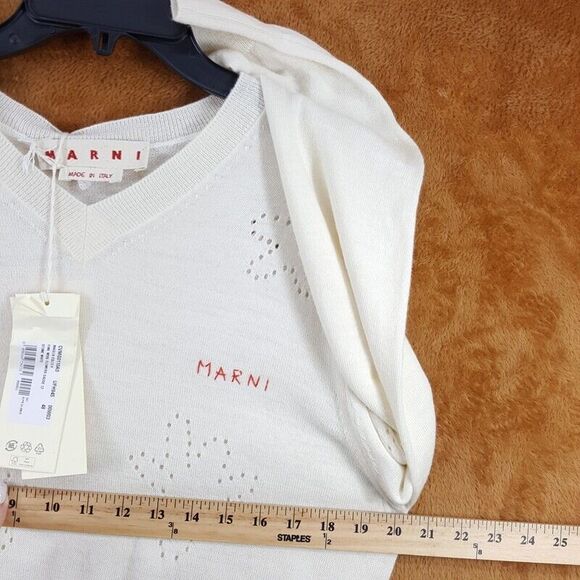 MARNI Sweater Mens Size 48 Ivory Pullover VNeck Fine Wool Flowers $895 - Picture 8 of 10